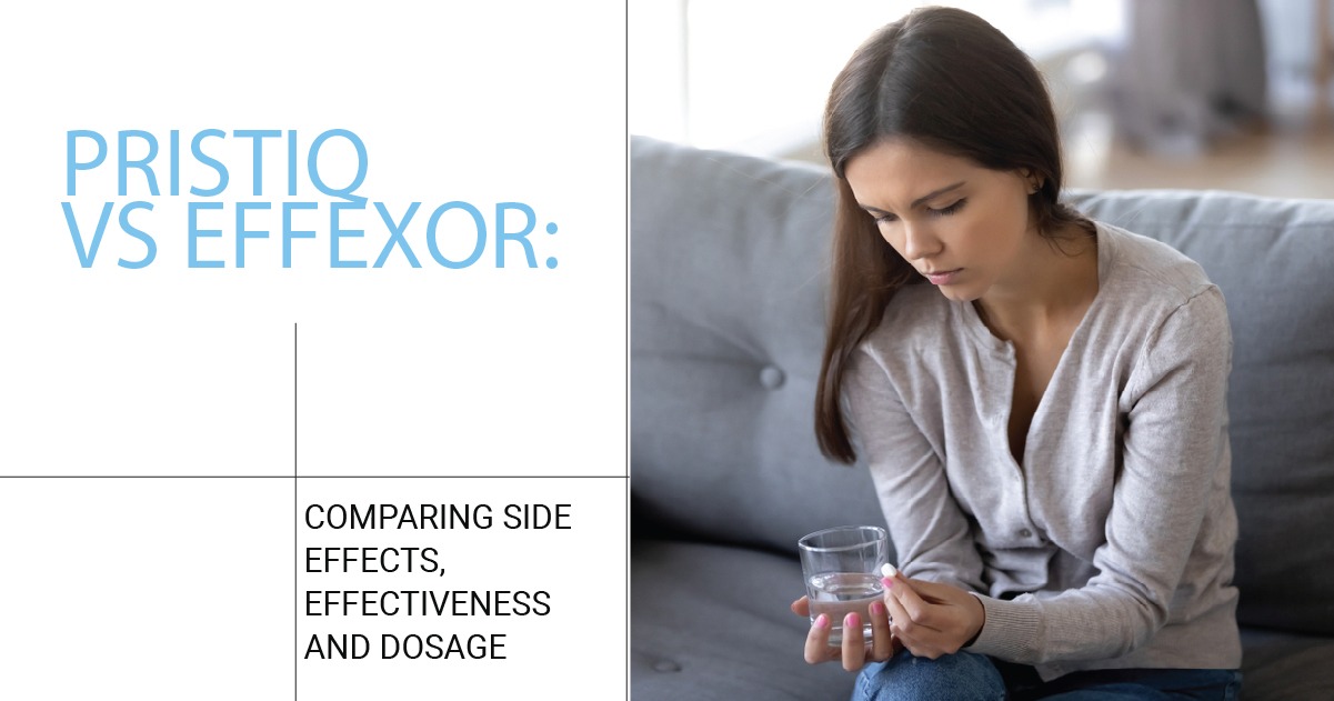 Woman sitting on a couch holding a pill and a glass of water beside text reading “Pristiq vs Effexor: Comparing side effects, effectiveness and dosage.